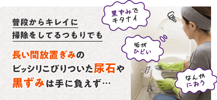 普段からキレイに掃除をしてるつもりでも長い間放置ぎみのビッシリこびりついた尿石や黒ずみは手に負えず